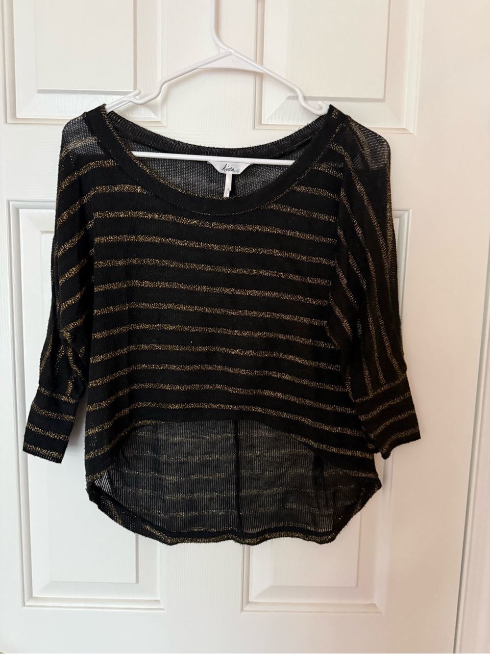 Free People Black Sheer Sweater with Metallic Gold Stripes